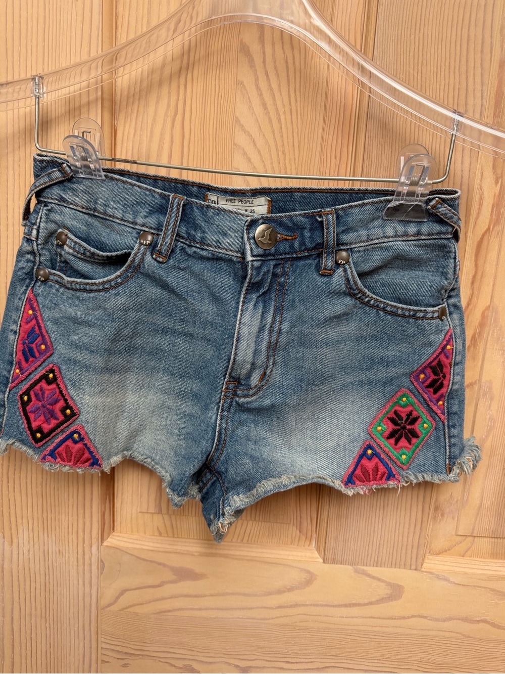 Free People Blue Denim Shorts with Pink & Green Embroidery